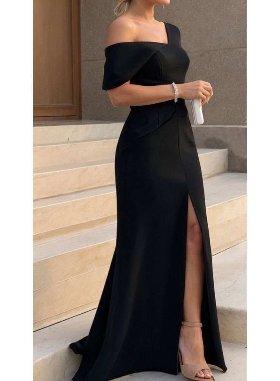 Kadın Tek Omzu Açık Kısa Kollu önden Yırtmaçlı Uzun Ithal Krep Elbise