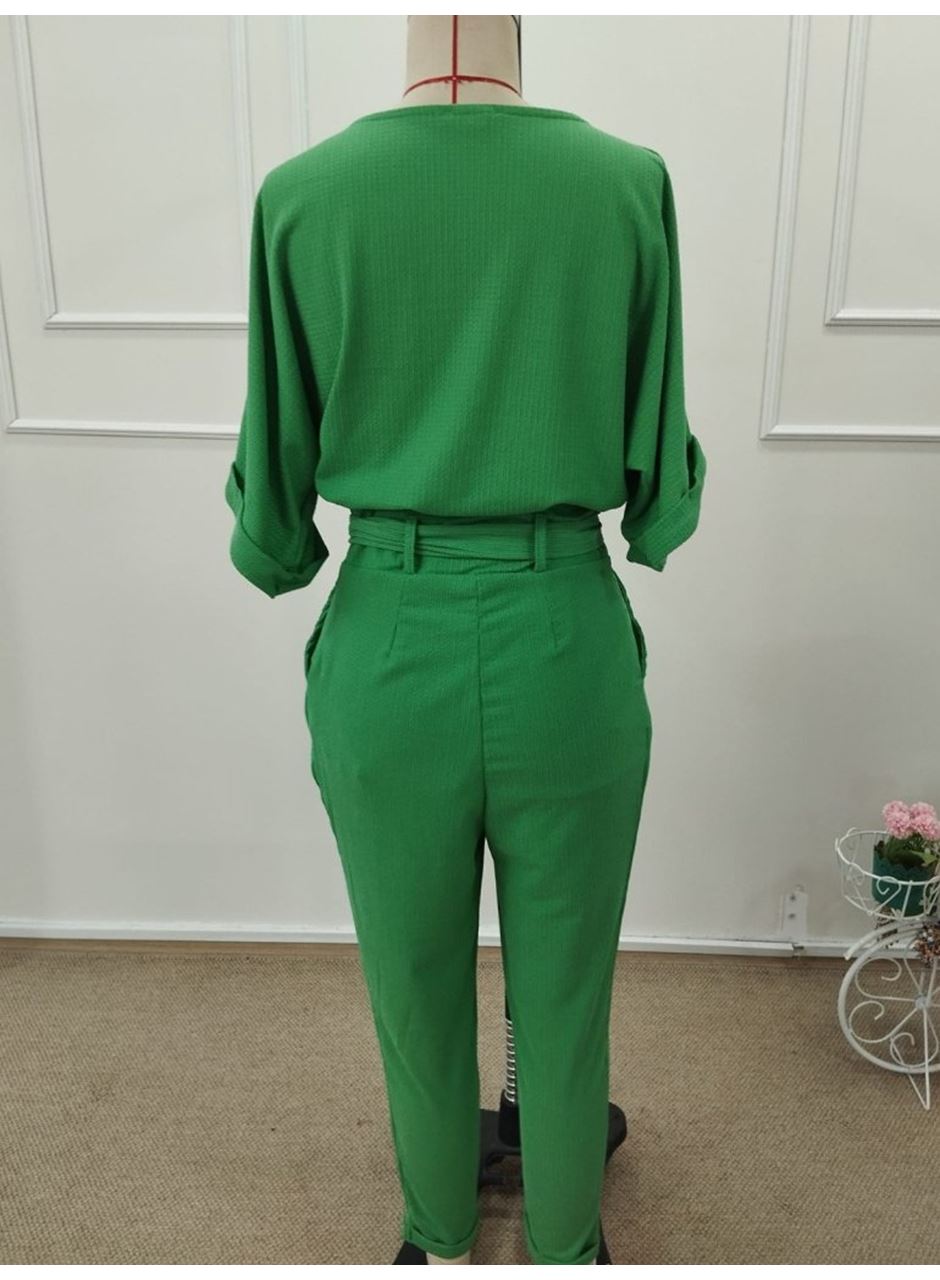 Kadın Kısa Kollu Yakalı önden Düğmeli Bürümcük Bluz Ve Pantolon Ikili Takım