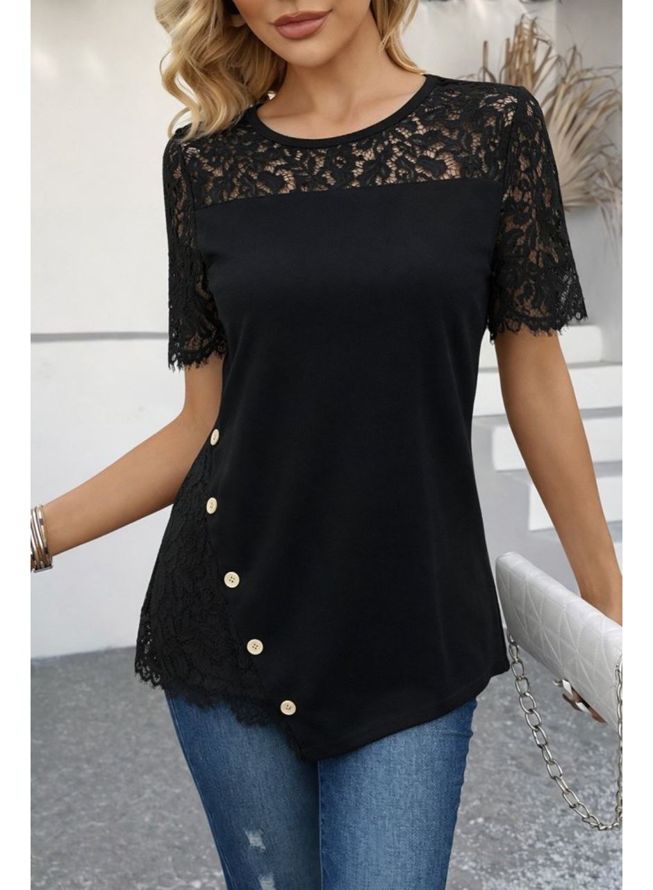 Kadın Kısa Kollu Dantel Detaylı Yandan Düğmeli Waffle Bluz