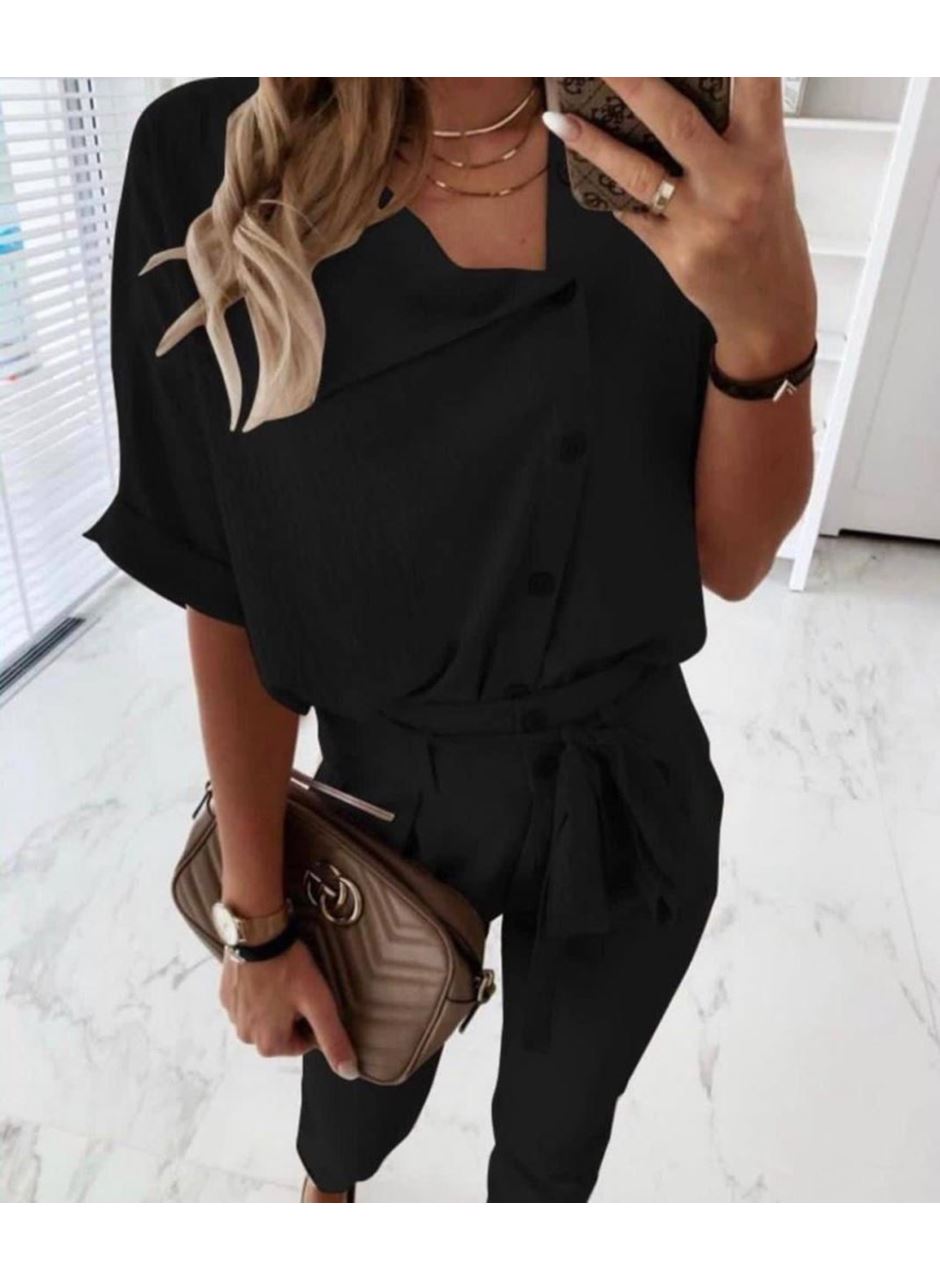 Kadın Kısa Kollu Yakalı önden Düğmeli Bürümcük Bluz Ve Pantolon Ikili Takım
