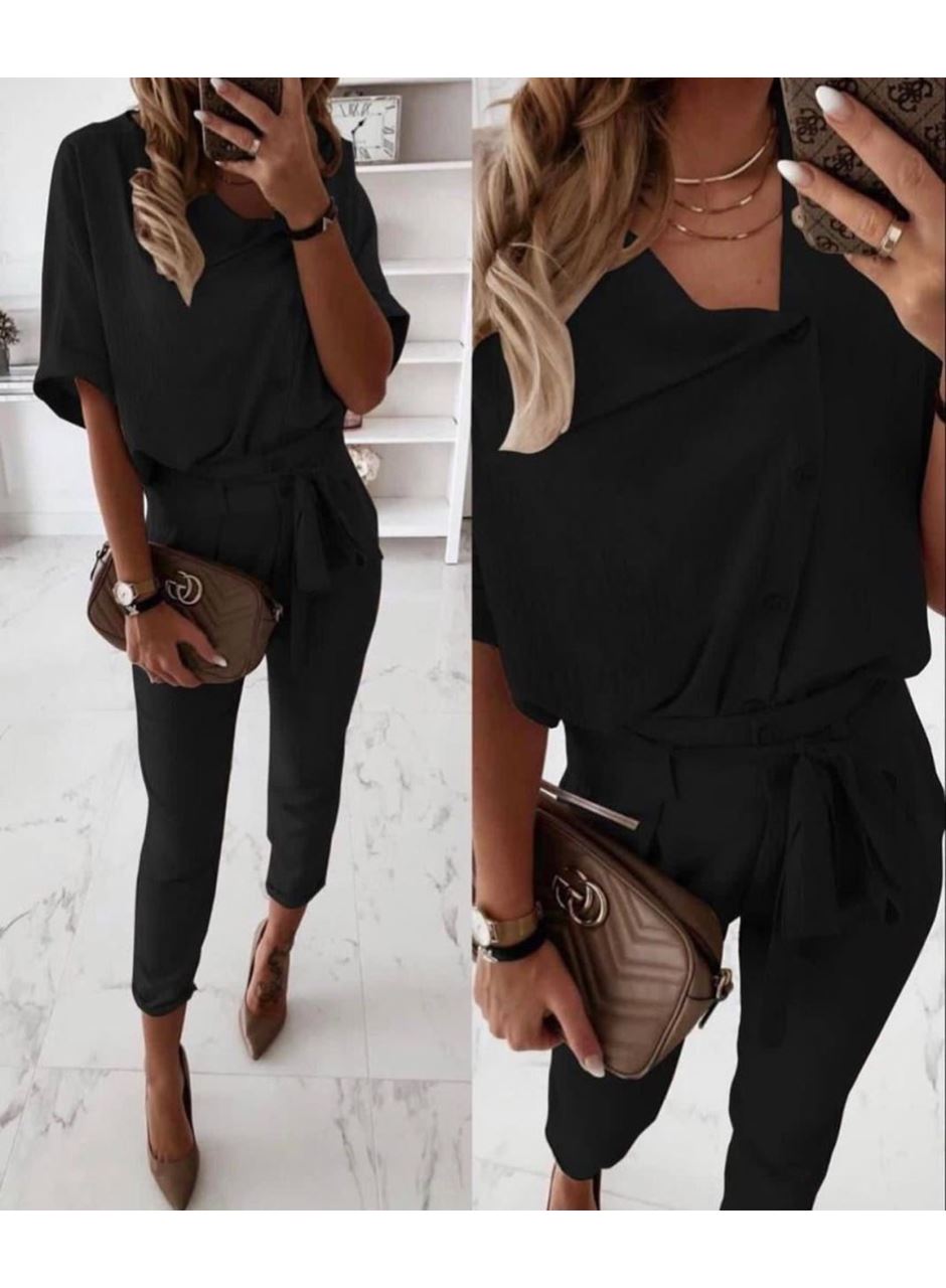 Kadın Kısa Kollu Yakalı önden Düğmeli Bürümcük Bluz Ve Pantolon Ikili Takım