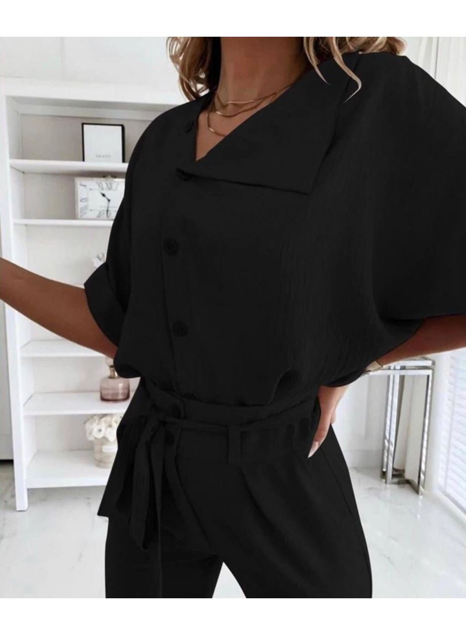 Kadın Kısa Kollu Yakalı önden Düğmeli Bürümcük Bluz Ve Pantolon Ikili Takım