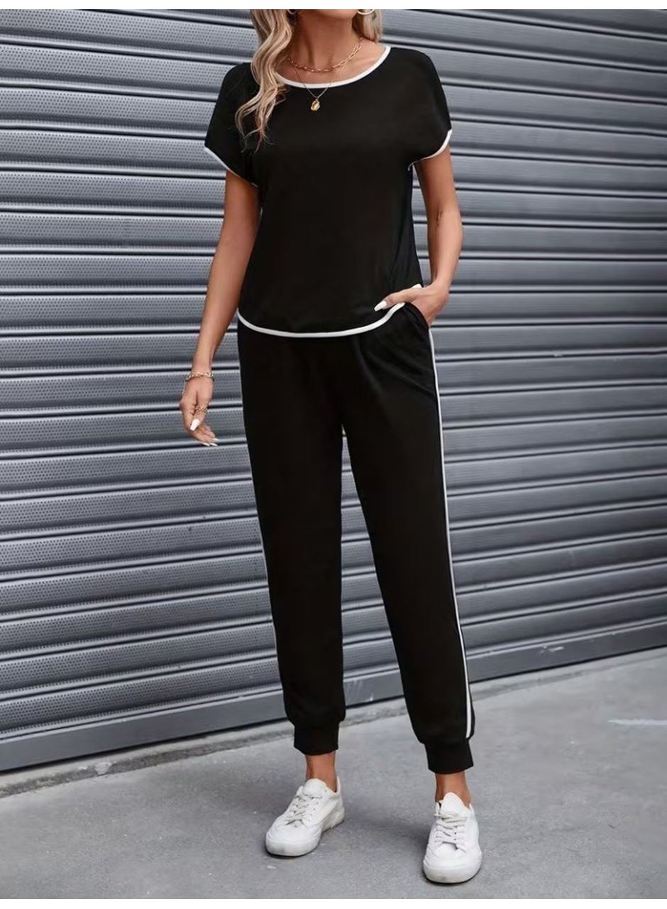 Kadın Kısa Kollu Yuvarlak Yakalı şerit Detaylı Viskon Iki Iplik Bluz Ve Pantolon Ikili Takım