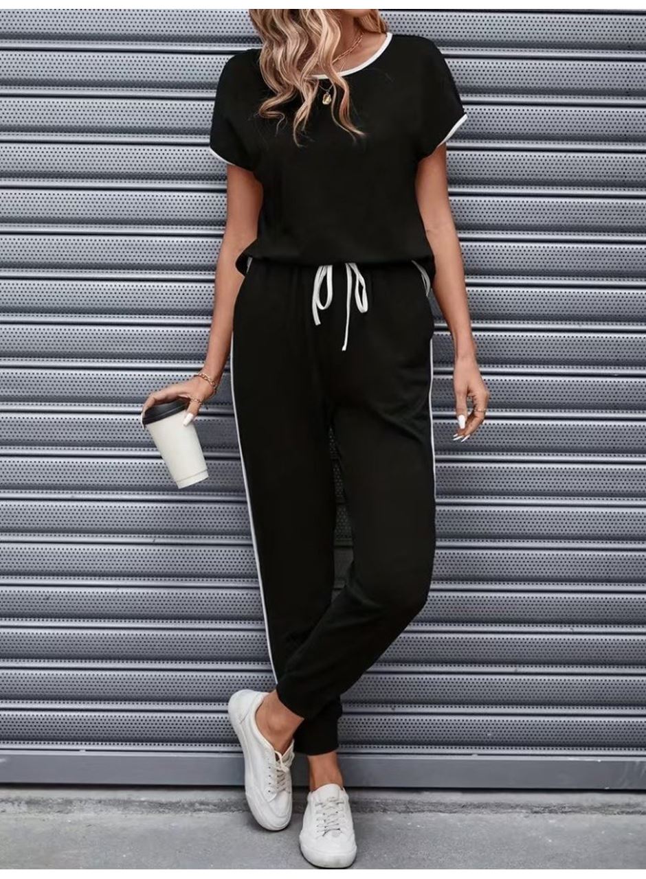 Kadın Kısa Kollu Yuvarlak Yakalı şerit Detaylı Viskon Iki Iplik Bluz Ve Pantolon Ikili Takım