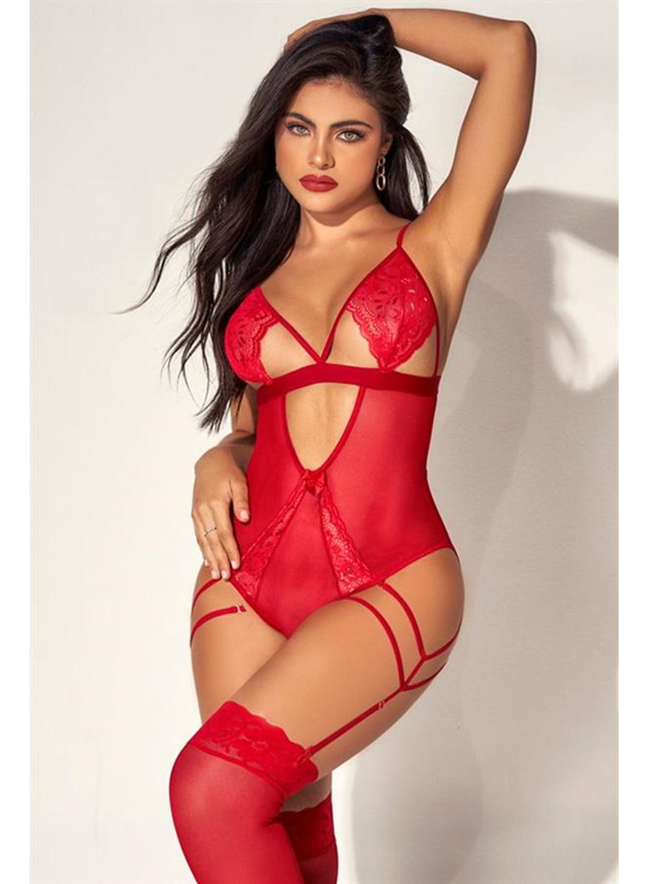 Kırmızı Tül Dantel Detaylı Fantezi Body Jartiyer Takım