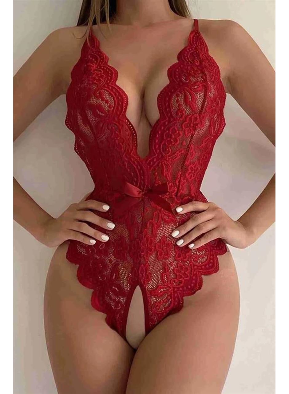 Kırmızı Özel Bölgesi Açık Fiyonklu Dantel Fantezi Body