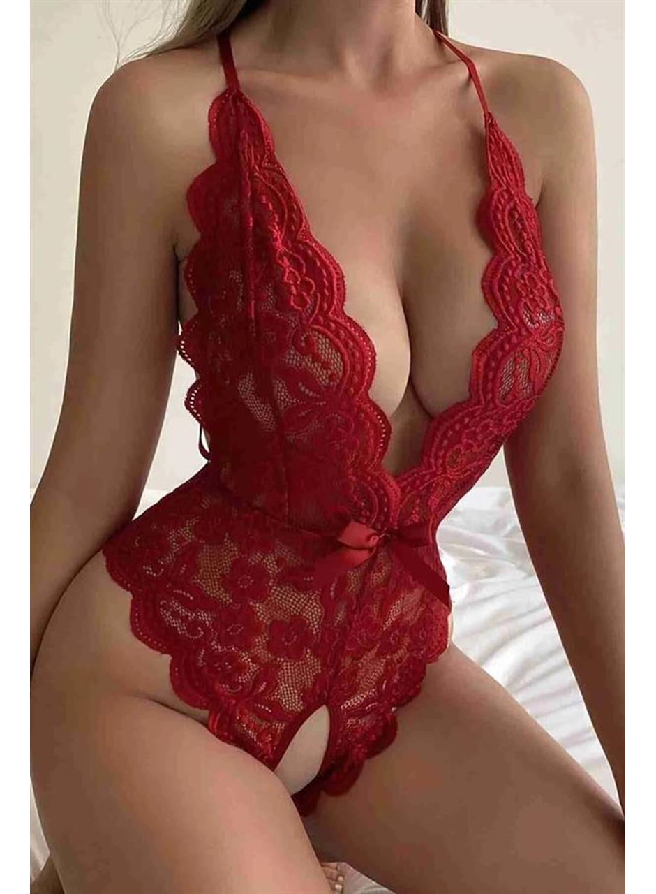 Kırmızı Özel Bölgesi Açık Fiyonklu Dantel Fantezi Body