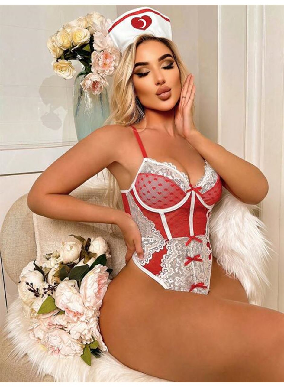 Kırmızı Fantezi Body Hemşire Kostümü