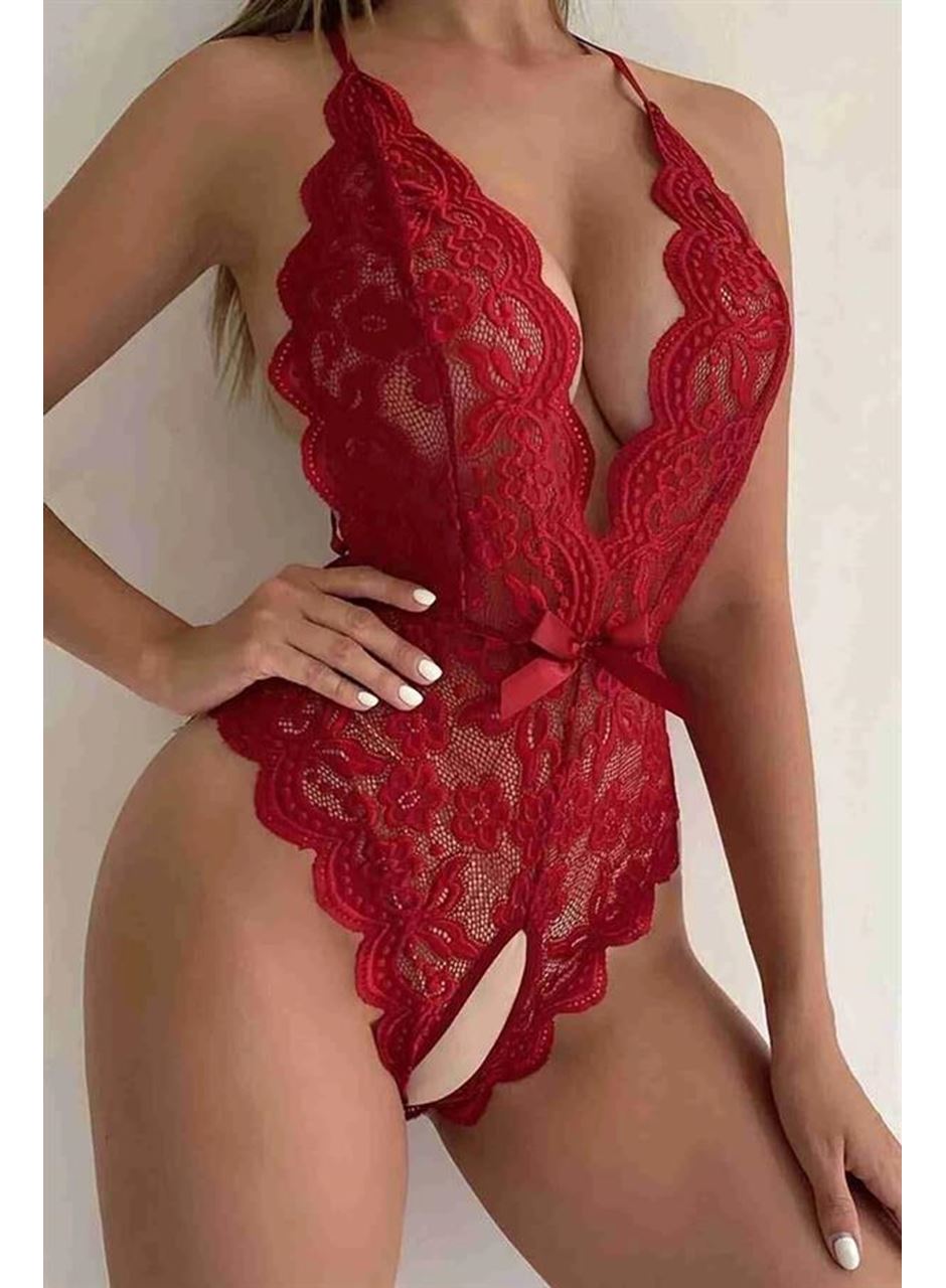 Kırmızı Özel Bölgesi Açık Fiyonklu Dantel Fantezi Body