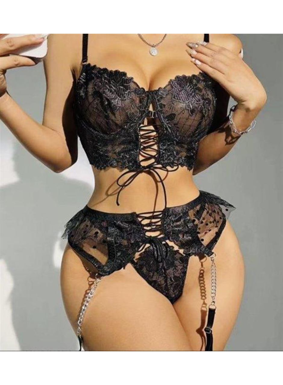 Büstiyerli Dantel Fantezi Siyah Jartiyer Takımı