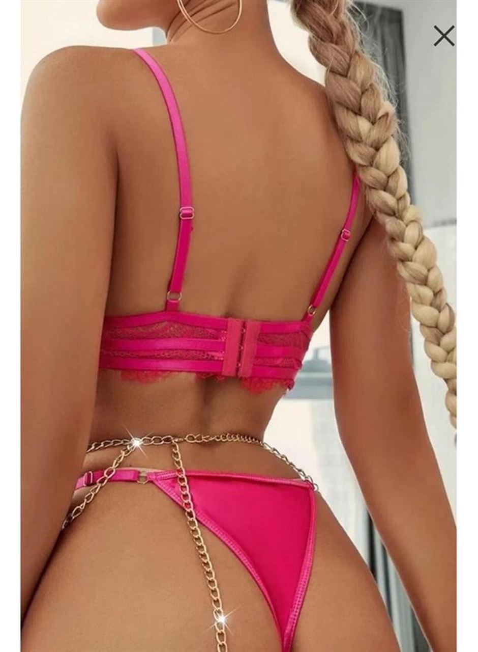 Fuşya Zincir Detaylı Fantezi Sütyen Takımı