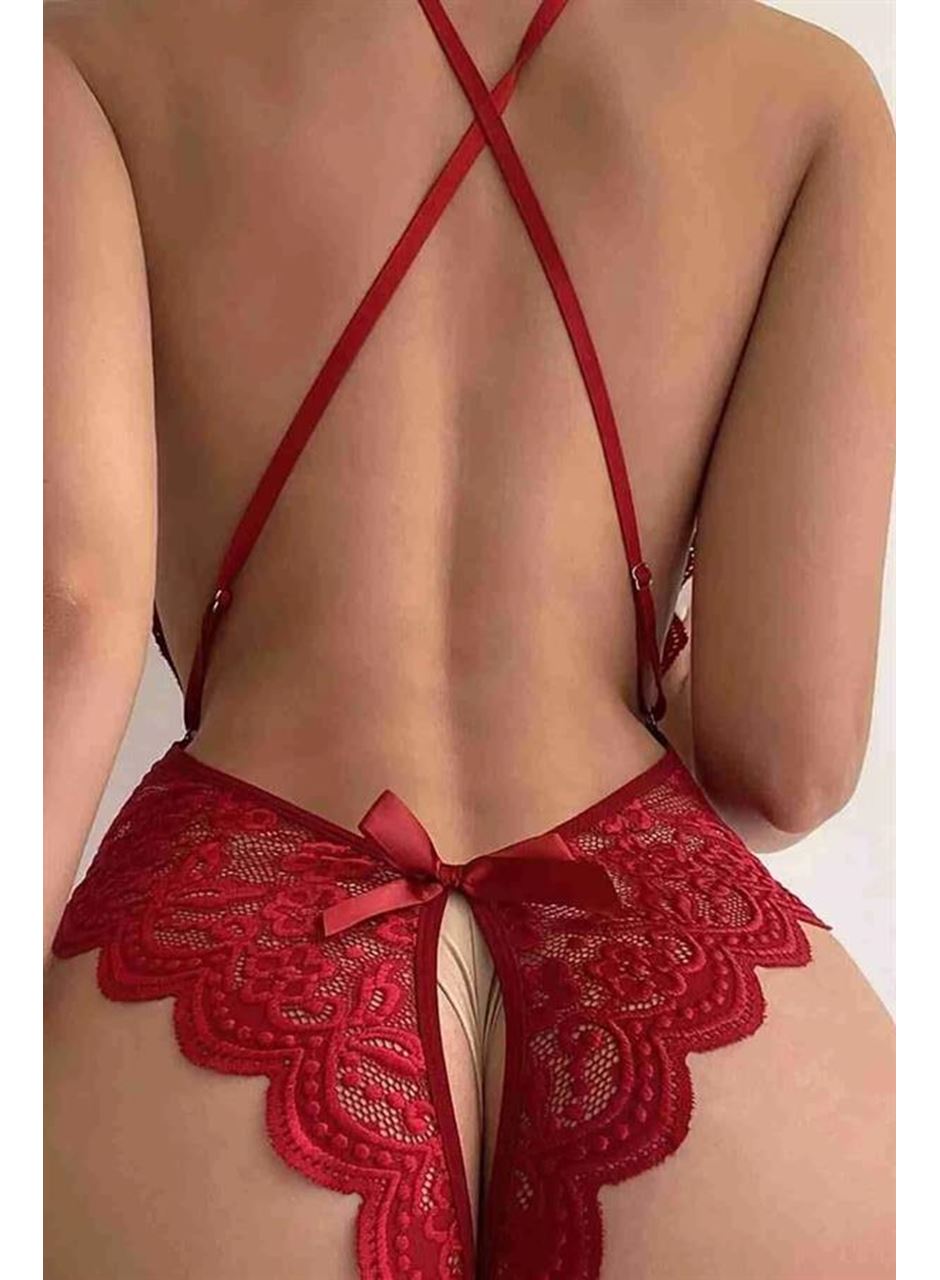 Kırmızı Özel Bölgesi Açık Fiyonklu Dantel Fantezi Body