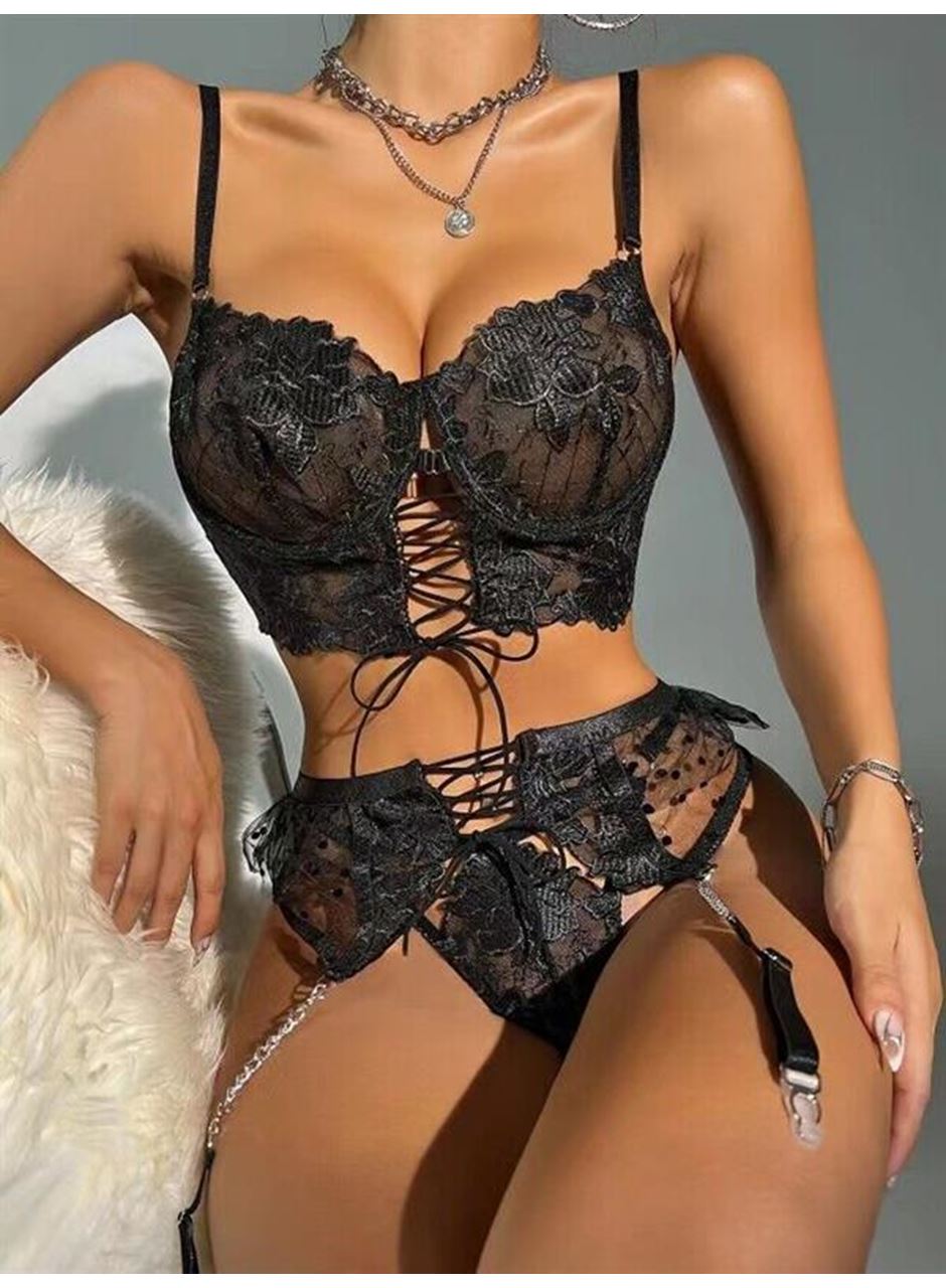 Büstiyerli Dantel Fantezi Siyah Jartiyer Takımı