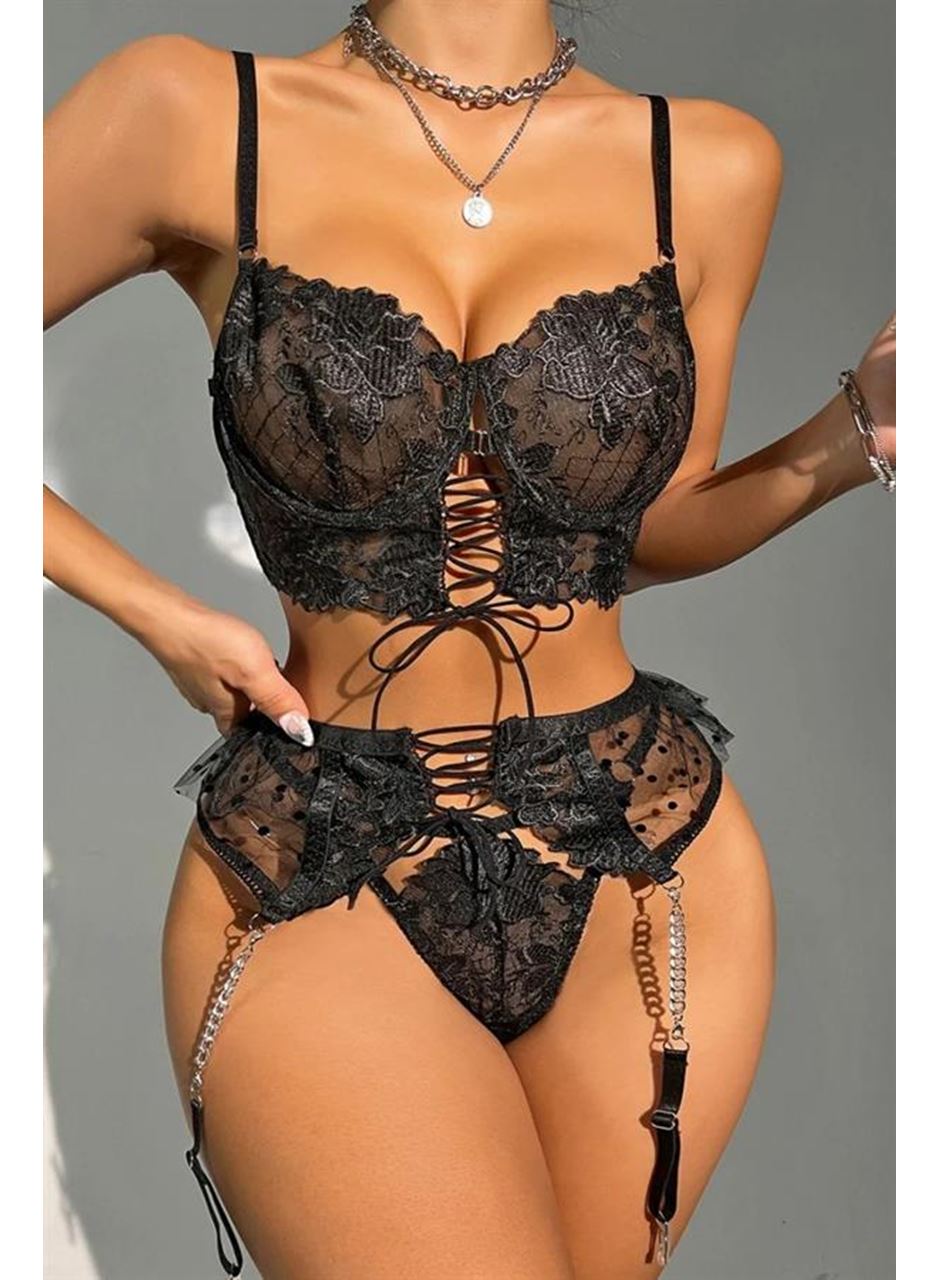 Büstiyerli Dantel Fantezi Siyah Jartiyer Takımı