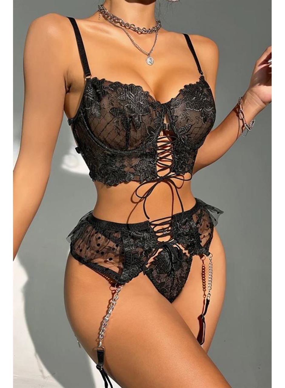 Büstiyerli Dantel Fantezi Siyah Jartiyer Takımı