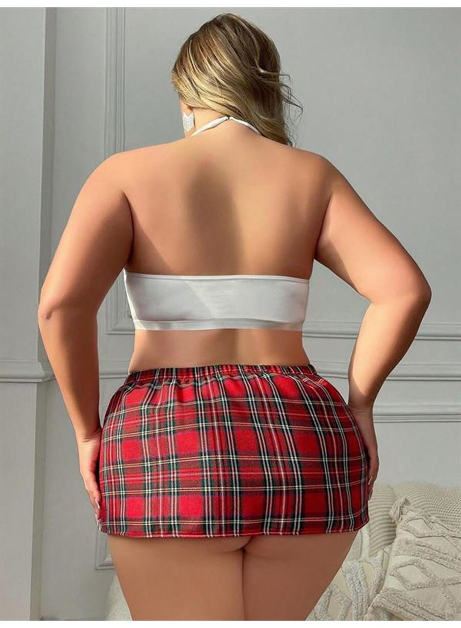 Özel Tasarım Büyük Beden Ekoseli Kravatlı Fantezi Liseli Kostümü