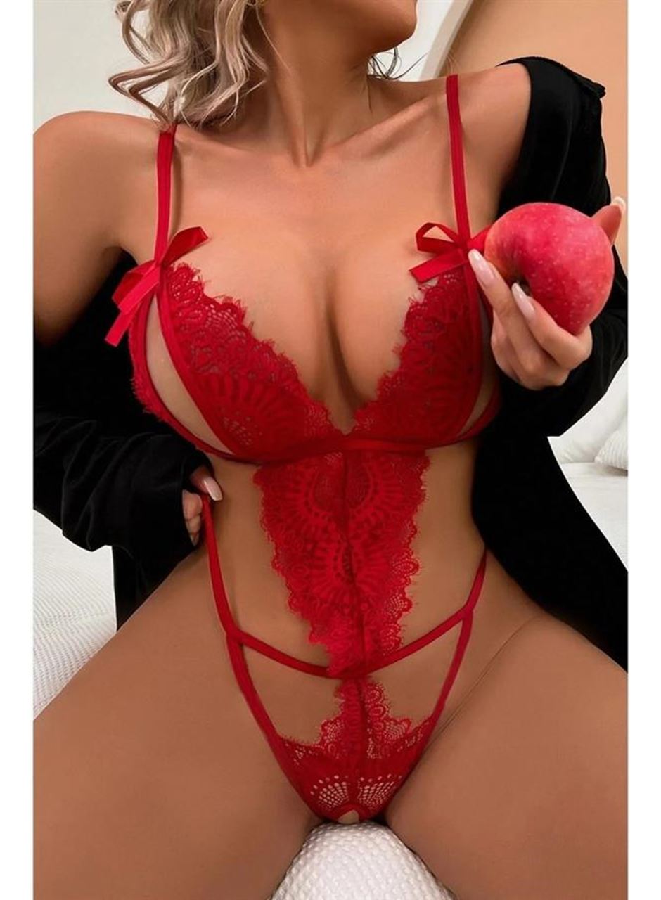 Fiyonklu Dantelli Kırmızı Fantezi Body
