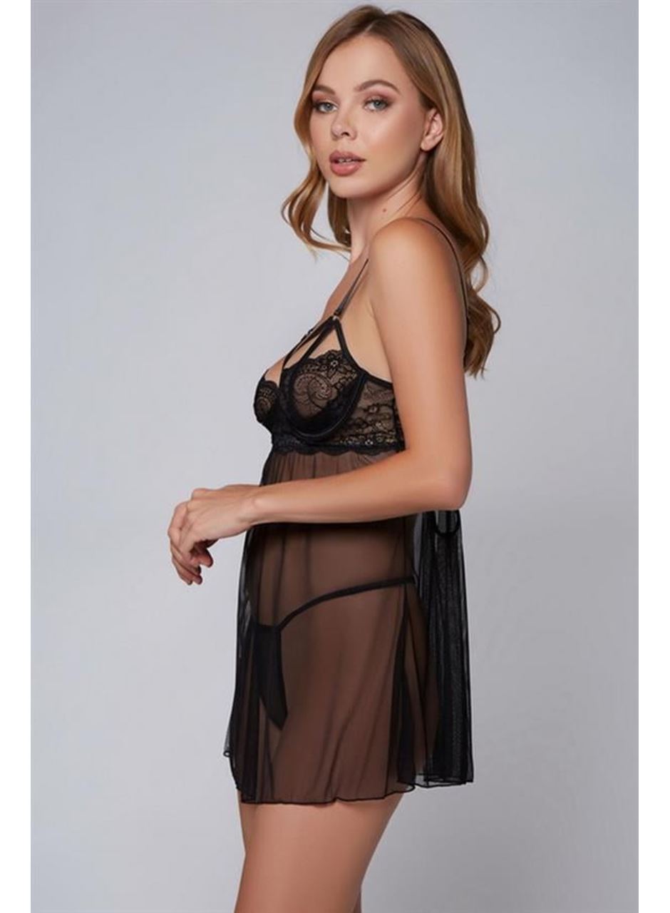 Özel Tasarım Siyah Dantel İşlemeli Fantezi Tül Gecelik Takımı