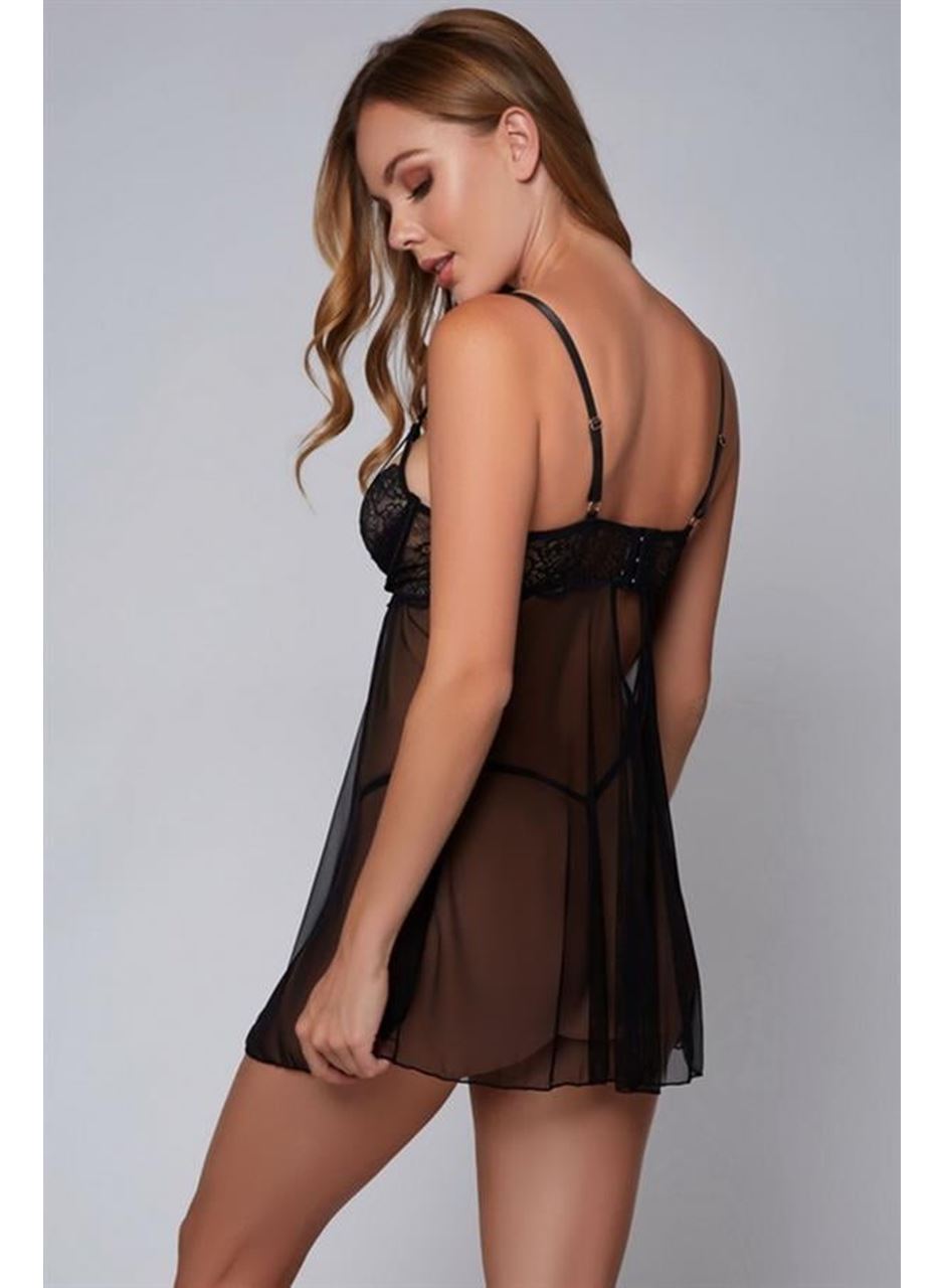 Özel Tasarım Siyah Dantel İşlemeli Fantezi Tül Gecelik Takımı