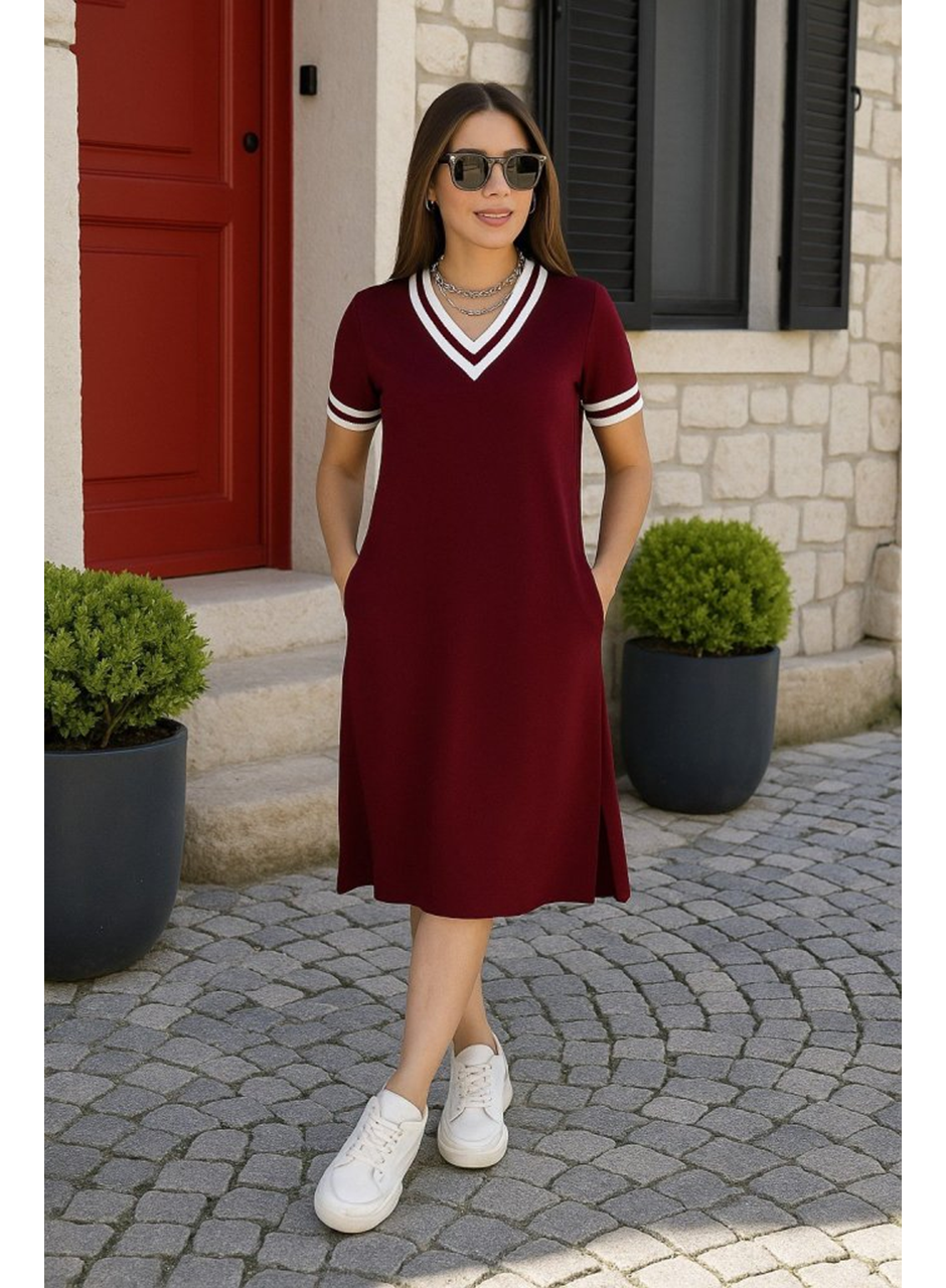 Kadın Kısa Kollu V Yaka Ve Yaka Ribana Detay Midiboy Viskon Elbise