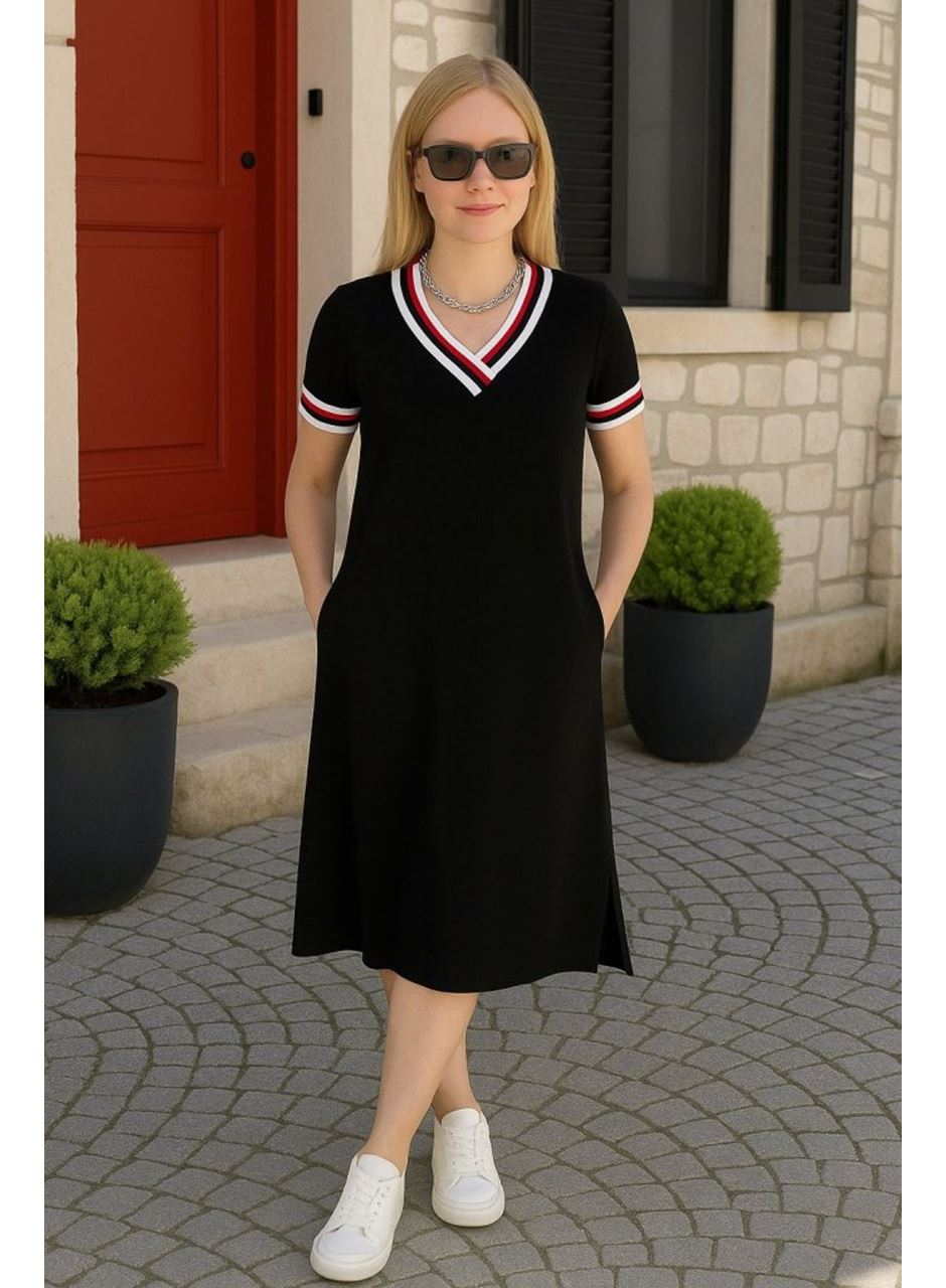 Kadın Kısa Kollu V Yaka Ribana Detay Midiboy Viskon Elbise