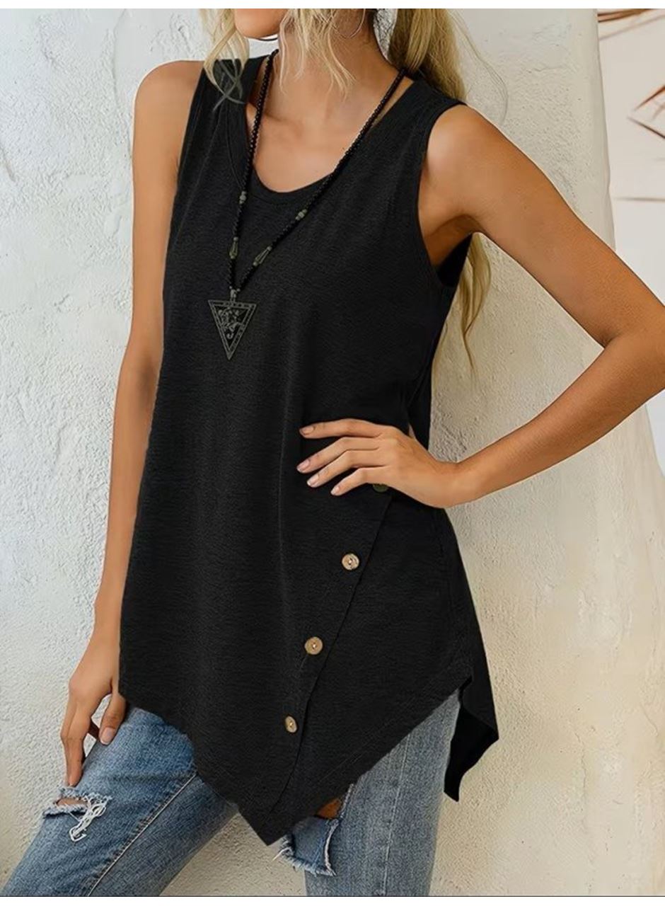 Kadın Askılı Yuvarlak Yakalı Asimetrik Kesim Detaylı Viskon Bluz