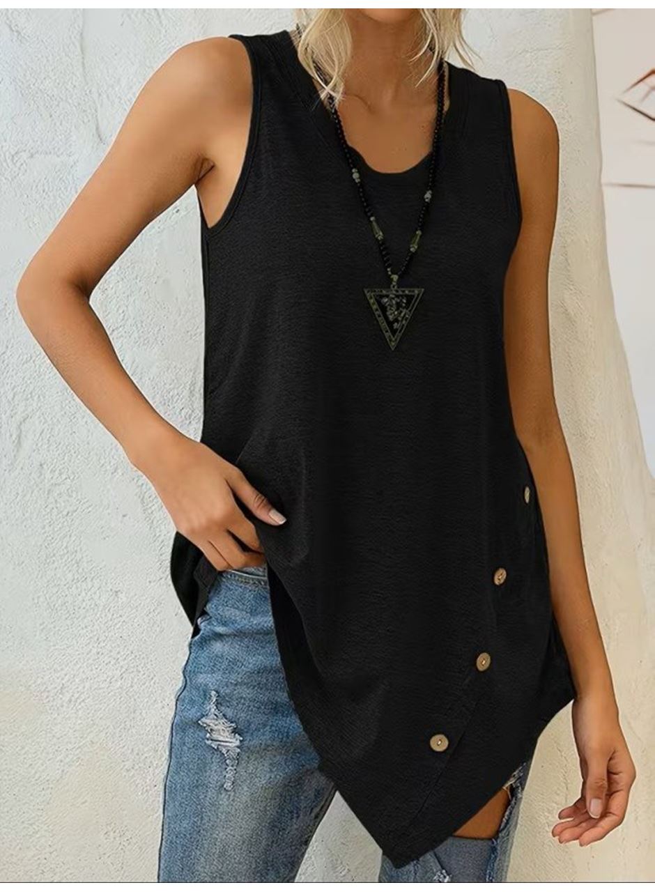 Kadın Askılı Yuvarlak Yakalı Asimetrik Kesim Detaylı Viskon Bluz