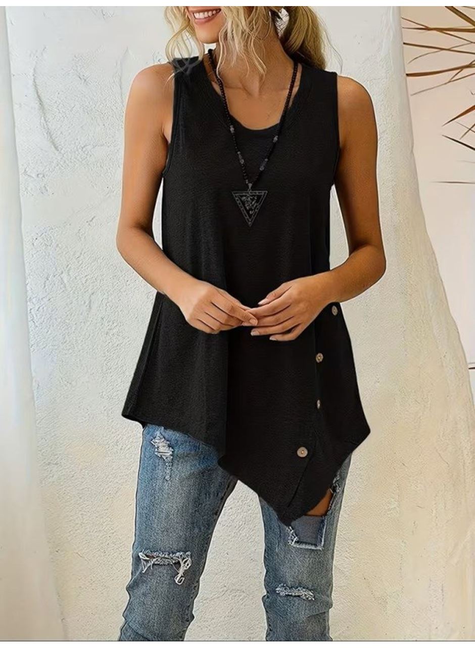 Kadın Askılı Yuvarlak Yakalı Asimetrik Kesim Detaylı Viskon Bluz