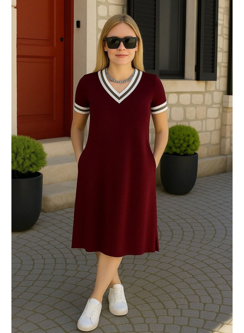 Kadın Kısa Kollu V Yaka Ve Yaka Ribana Detay Midiboy Viskon Elbise