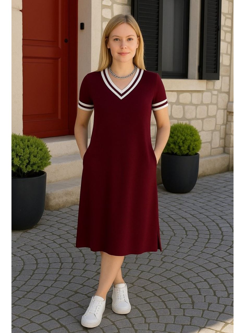 Kadın Kısa Kollu V Yaka Ve Yaka Ribana Detay Midiboy Viskon Elbise