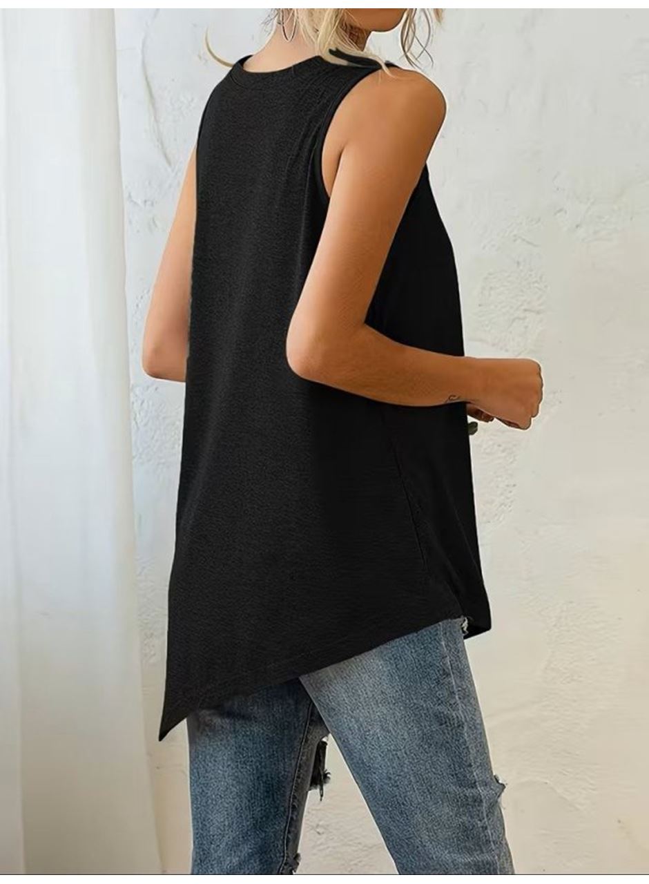 Kadın Askılı Yuvarlak Yakalı Asimetrik Kesim Detaylı Viskon Bluz