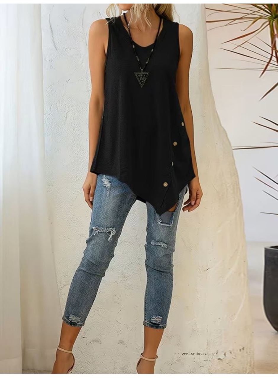 Kadın Askılı Yuvarlak Yakalı Asimetrik Kesim Detaylı Viskon Bluz