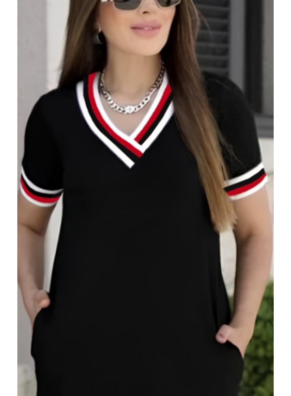 Kadın Kısa Kollu V Yaka Ribana Detay Midiboy Viskon Elbise