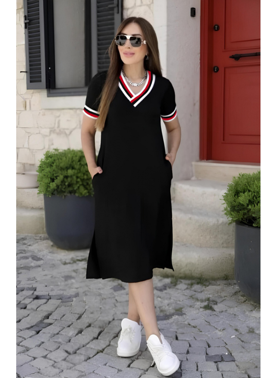 Kadın Kısa Kollu V Yaka Ribana Detay Midiboy Viskon Elbise
