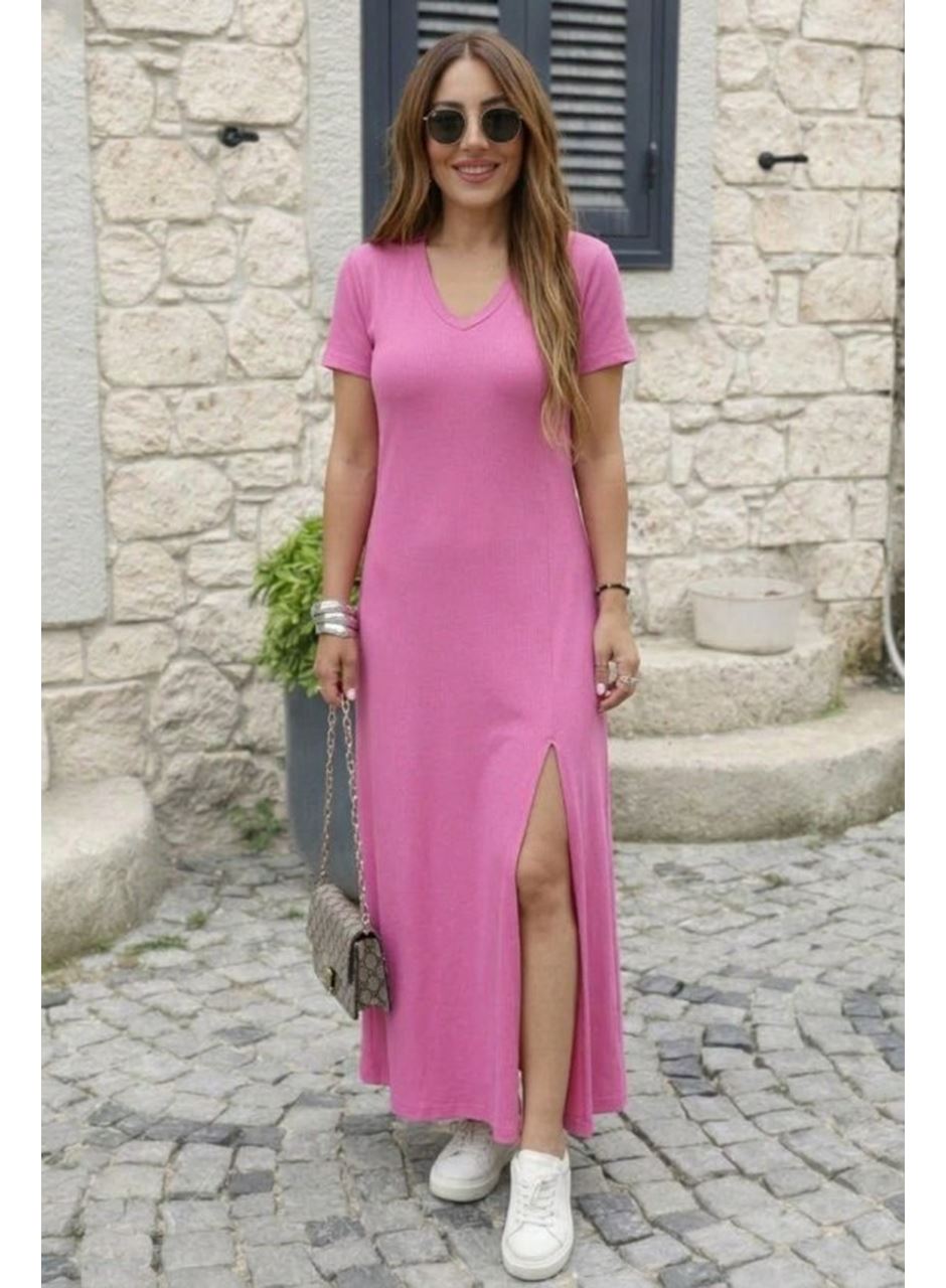 Kadın Kısa Kollu V Yakalı Maksi Boy Viskon Elbise