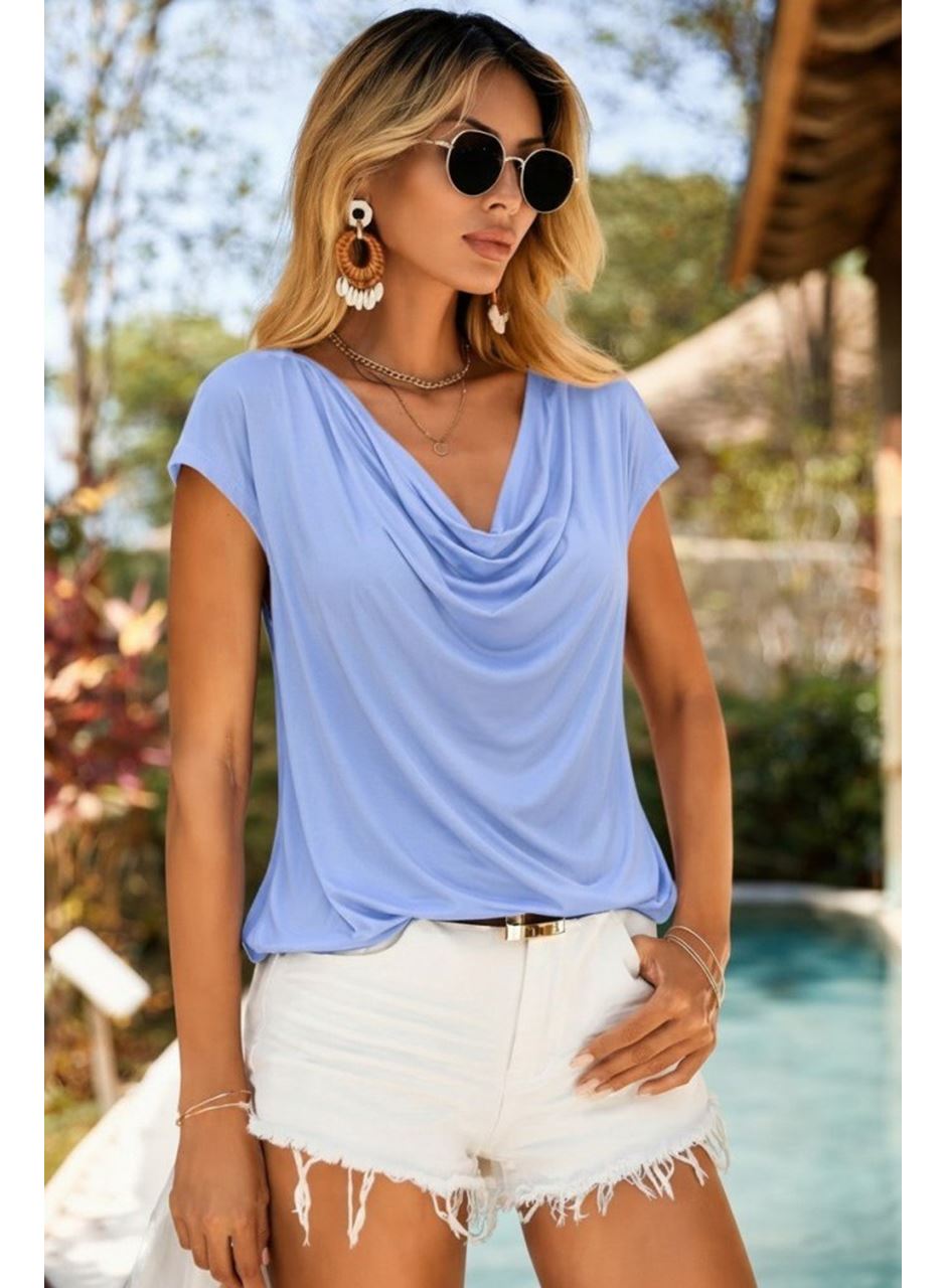 Kadın Kısa Kollu Degaje Yakalı Viskon Bluz