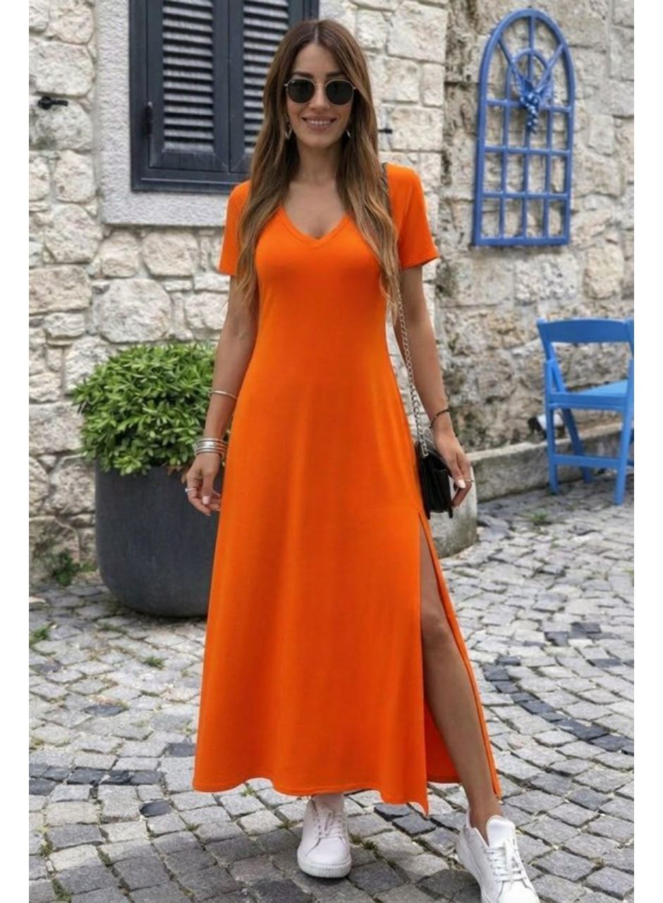 Kadın Kısa Kollu V Yakalı Maksi Boy Viskon Elbise