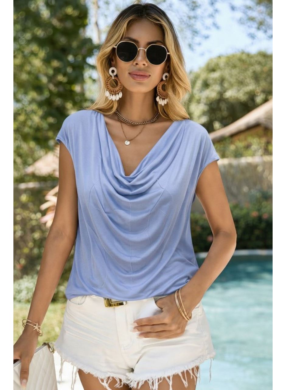 Kadın Kısa Kollu Degaje Yakalı Viskon Bluz