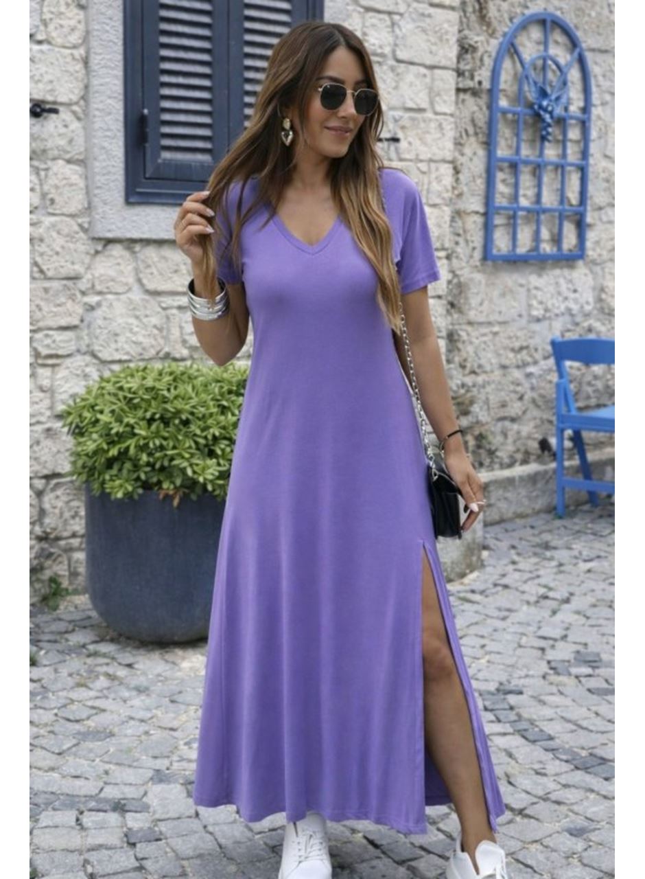 Kadın Kısa Kollu V Yakalı Maksi Boy Viskon Elbise