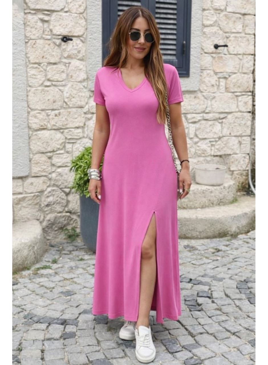 Kadın Kısa Kollu V Yakalı Maksi Boy Viskon Elbise