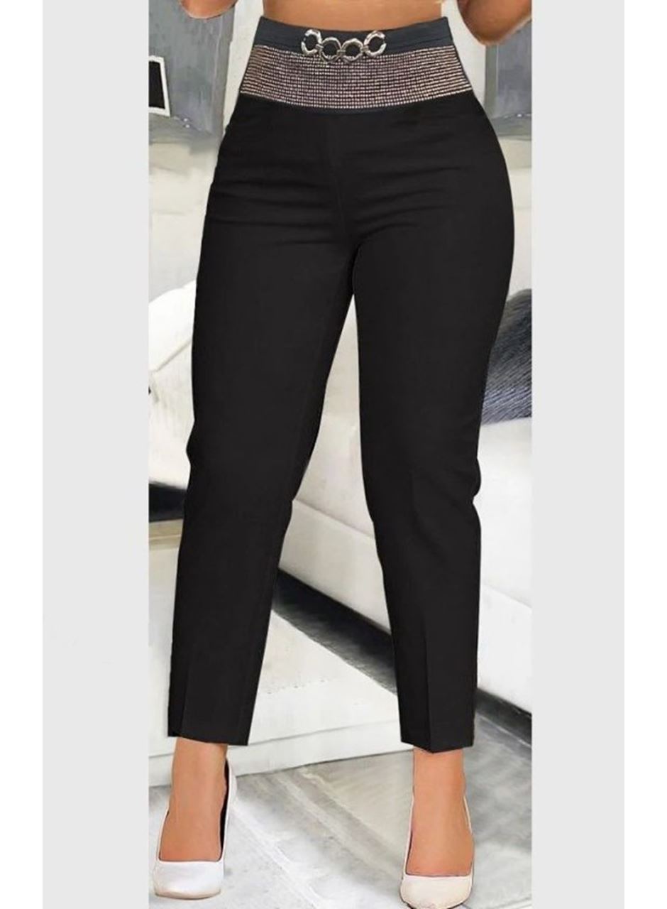 Kadın Yüksek Bel önden Taşlı Ve Tokalı Ithal Krep Pantolon