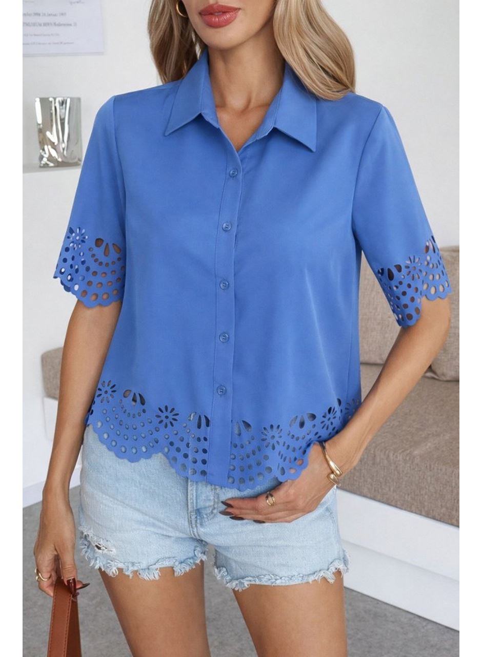 Kadın Kısa Kollu Yakalı önden Düğmeli Dubai Gömlek Bluz