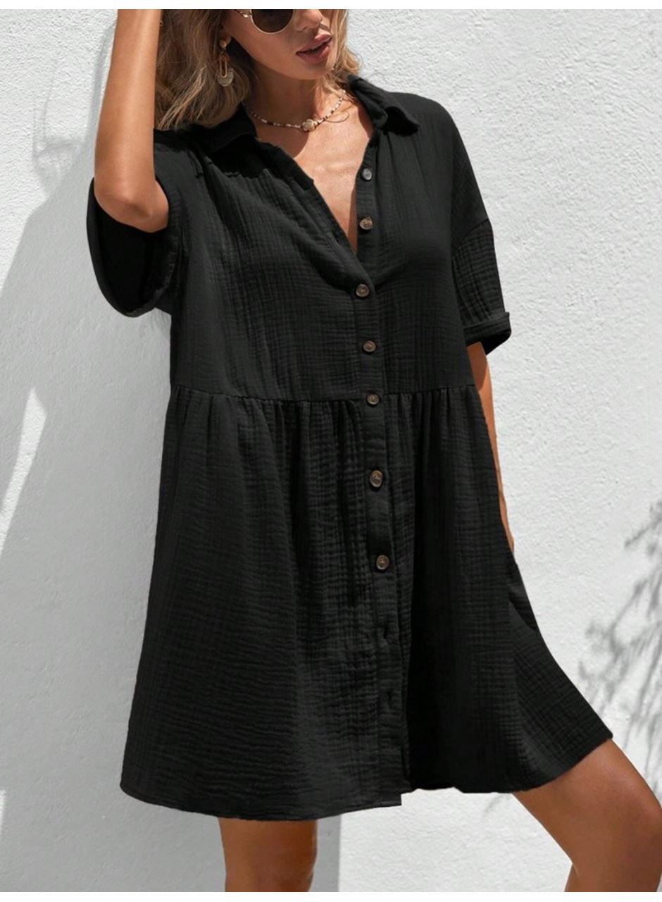 Kadın Kısa Kollu Yakalı önden Düğmeli Kısa Bürümcük Elbise