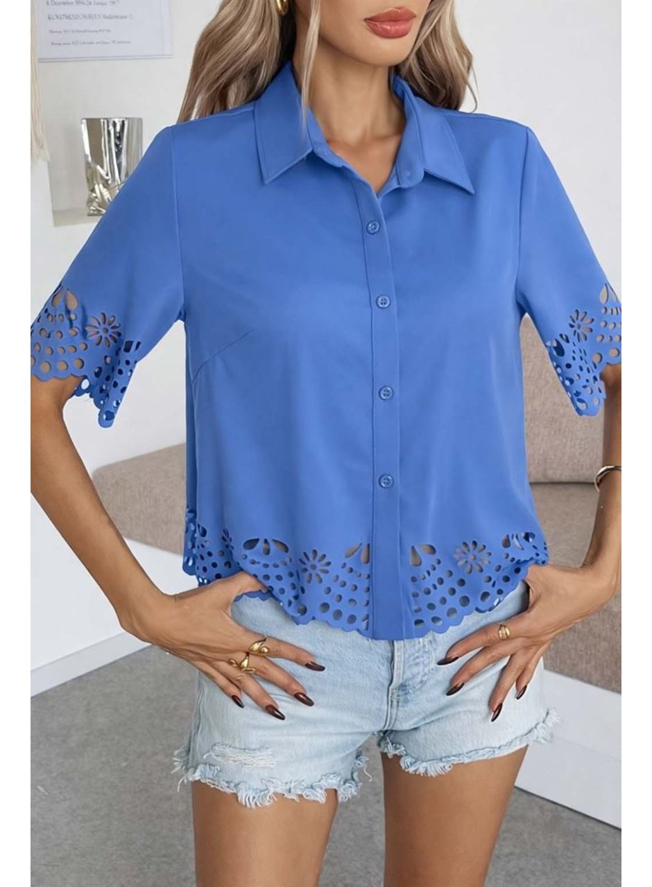 Kadın Kısa Kollu Yakalı önden Düğmeli Dubai Gömlek Bluz