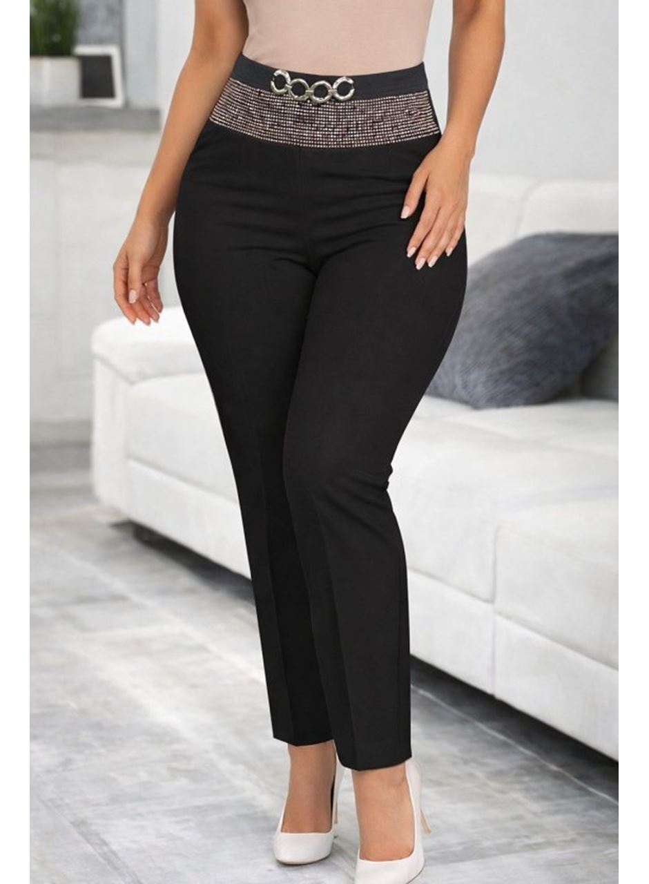 Kadın Yüksek Bel önden Taşlı Ve Tokalı Ithal Krep Pantolon