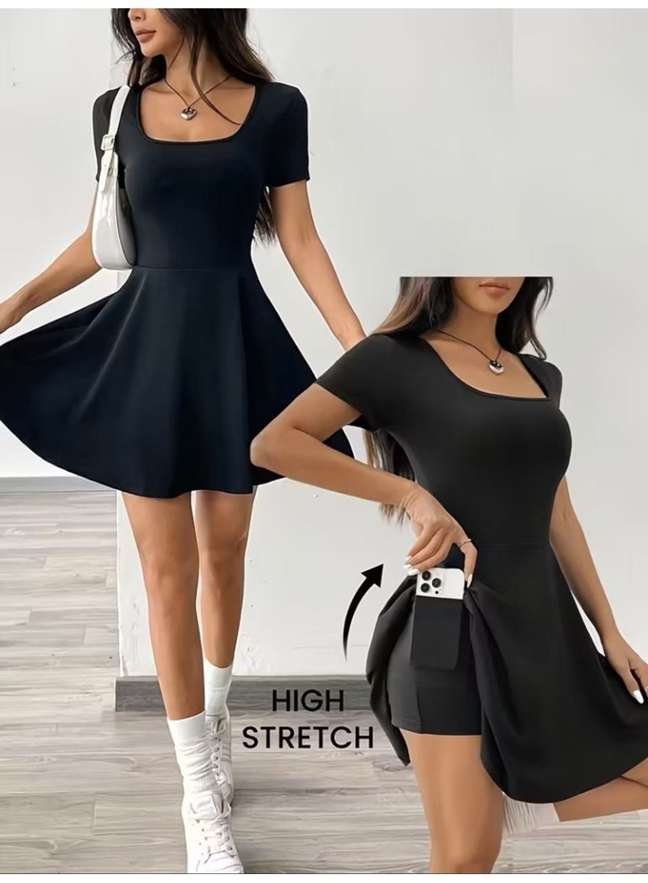 Kadın Kısa Kollu Kare Yakalı Cep Detaylı Dalgıç Elbise Tulum