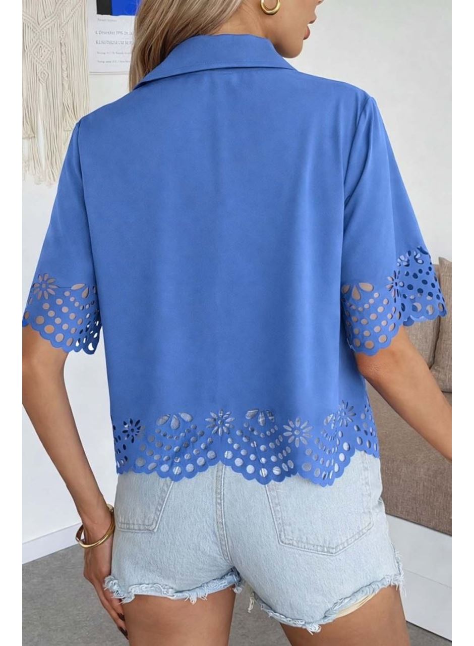 Kadın Kısa Kollu Yakalı önden Düğmeli Dubai Gömlek Bluz