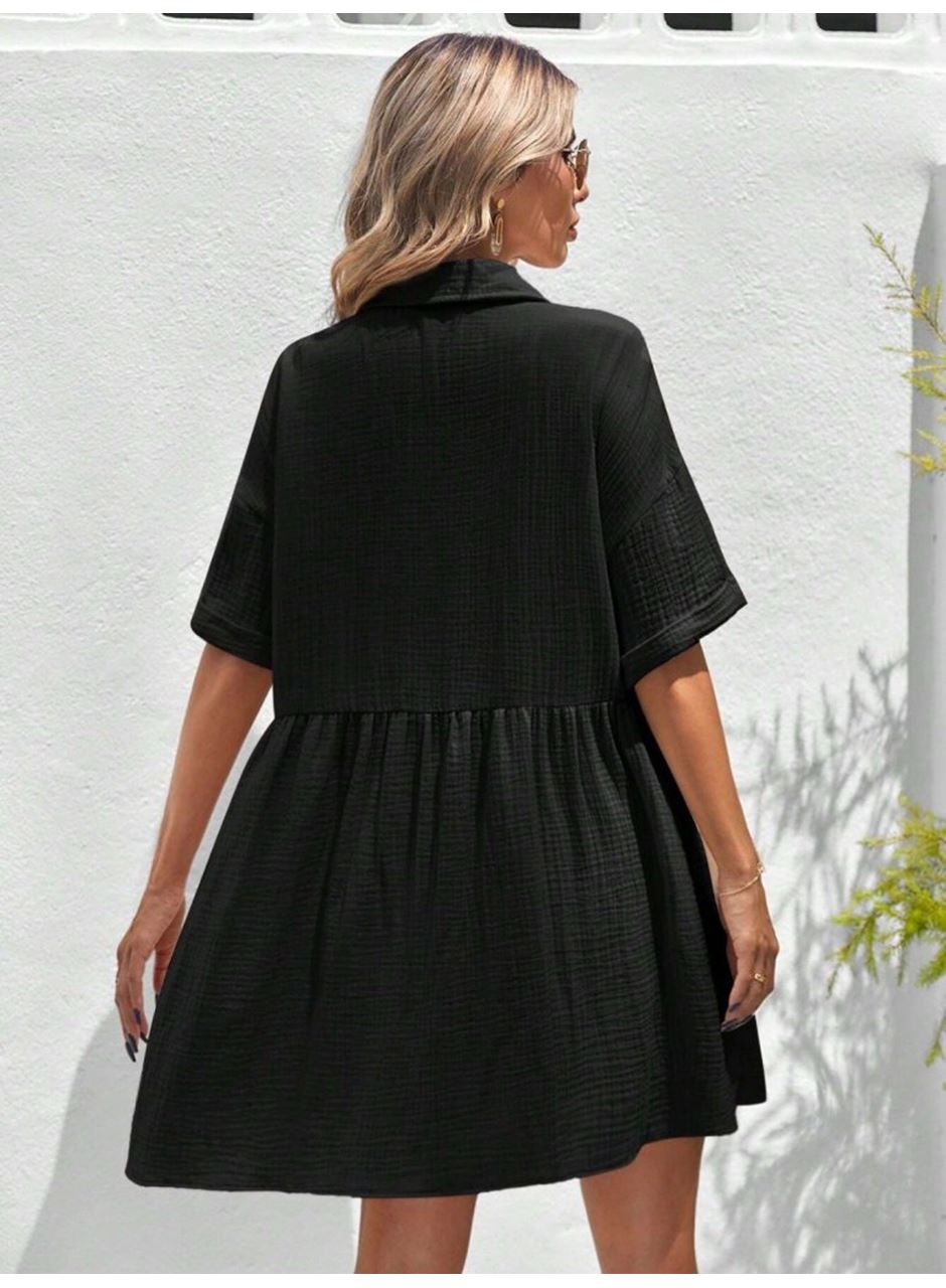 Kadın Kısa Kollu Yakalı önden Düğmeli Kısa Bürümcük Elbise