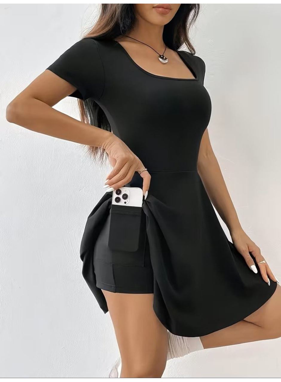 Kadın Kısa Kollu Kare Yakalı Cep Detaylı Dalgıç Elbise Tulum