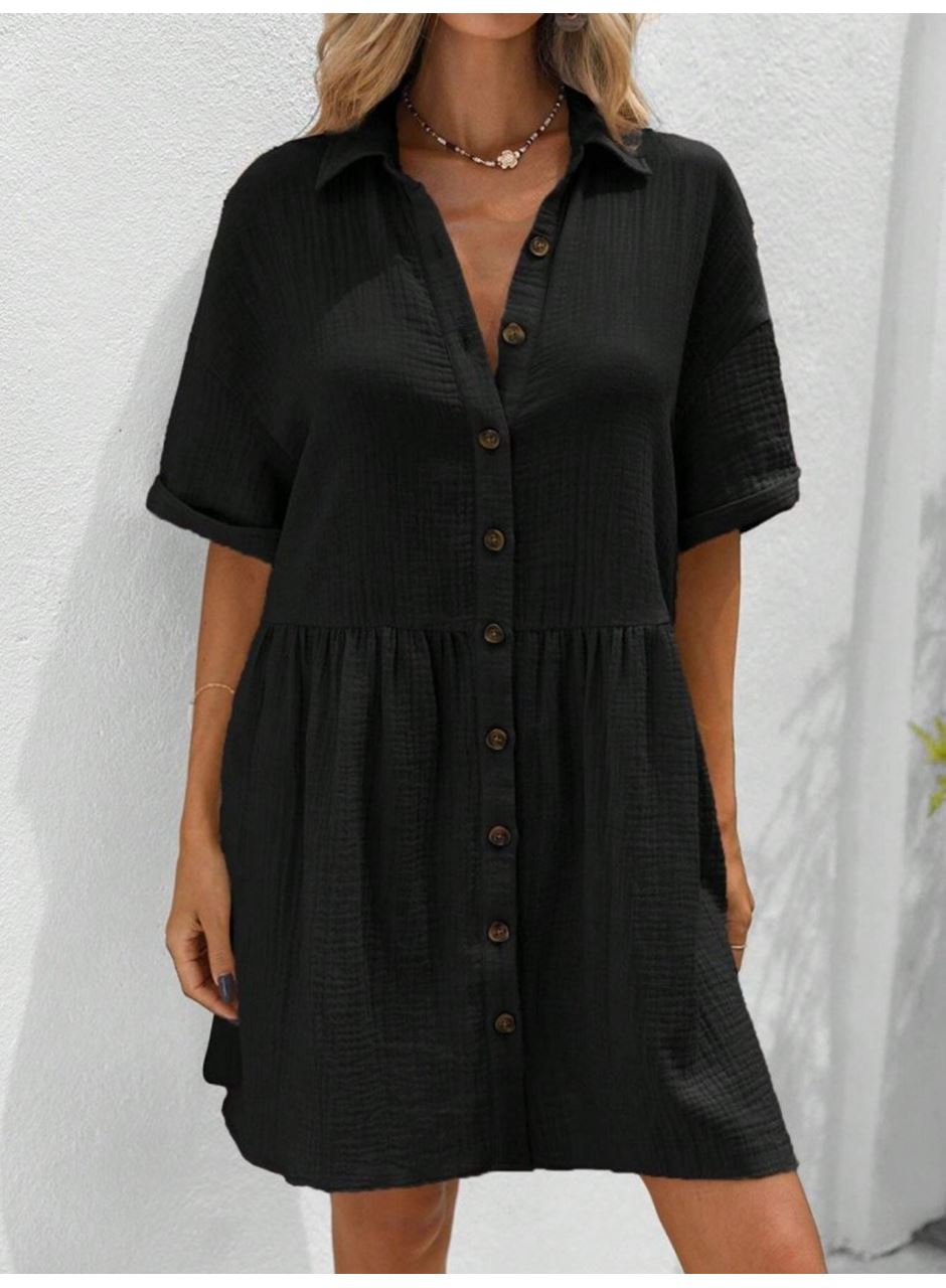 Kadın Kısa Kollu Yakalı önden Düğmeli Kısa Bürümcük Elbise